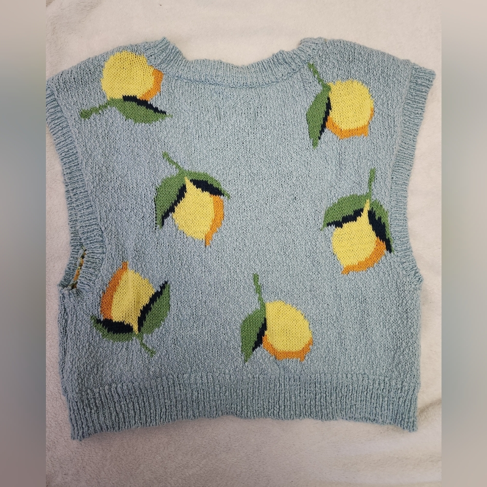 Anthropologie Maeve Melanie Shrunken Cardigan Blue Lemon Sweater Vest Size Small - Picture 4 of 11
